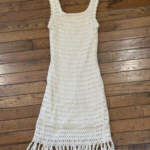 GB girls Off-White Crochet Tank Dress with Fringe